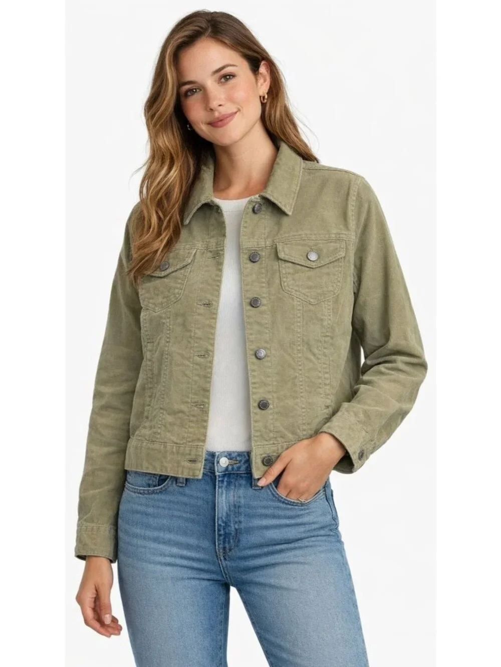 GAP Women's L Tan Cropped Corduroy Jacket Button Up Pockets Spring Preppy Coat